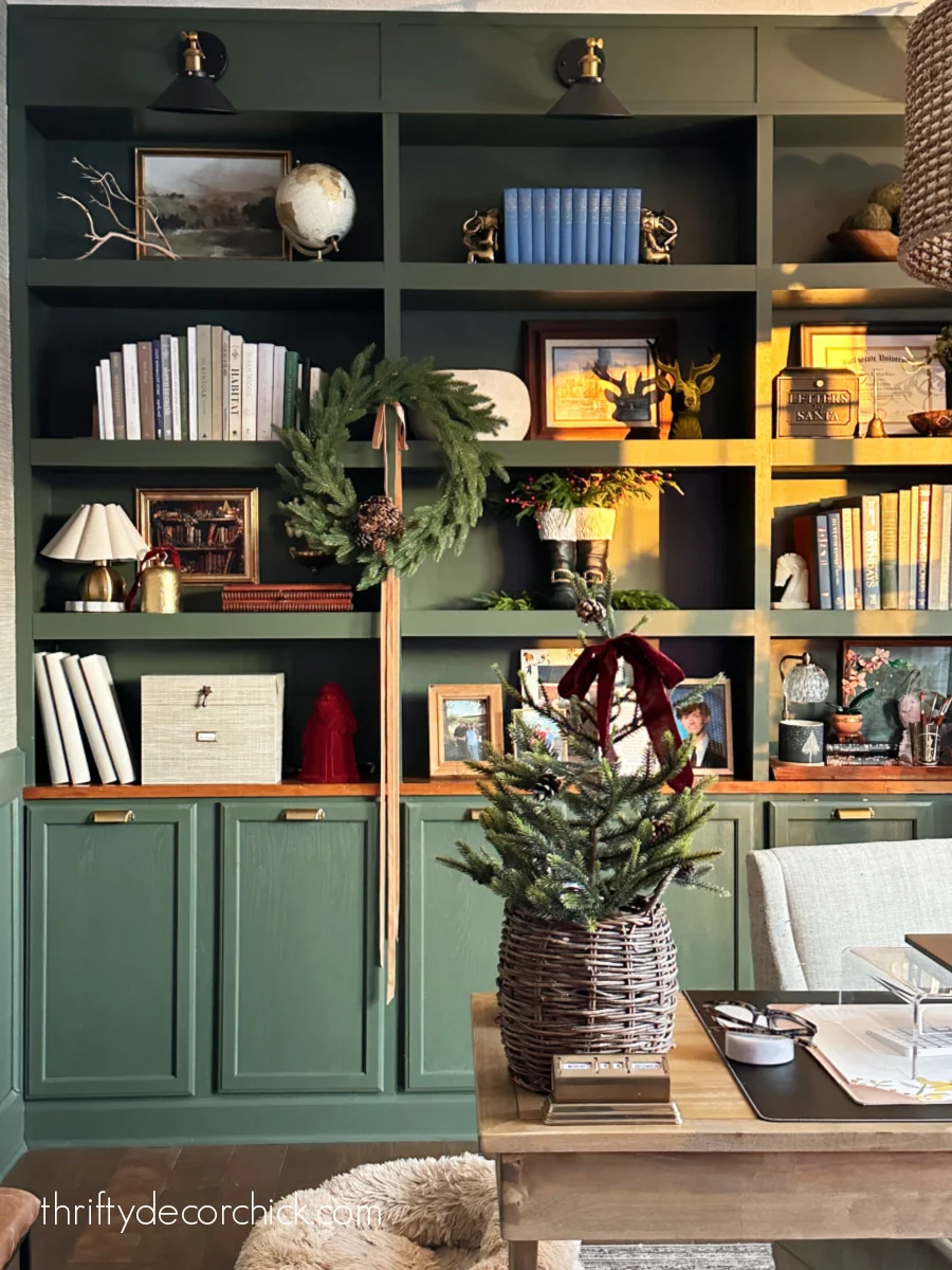 wreath hanging from bookcase